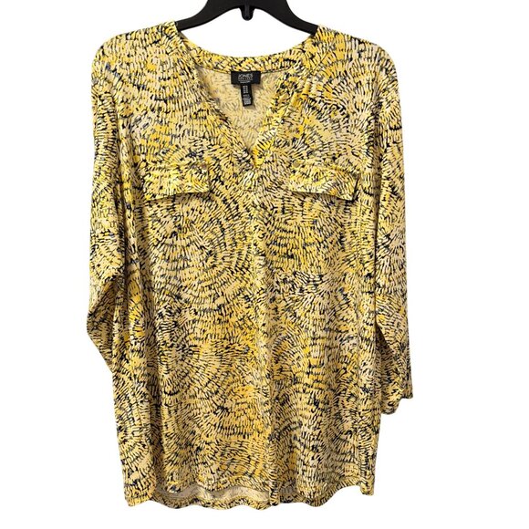 Jones New York Signature Yellow & Black Printed Top Sz XL blouse - Picture 3 of 12